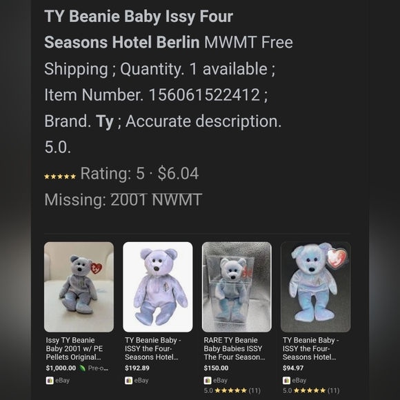 Vintage 2001 Issy Four Seasons Hotel Berlin Beanie Baby NWMT In Box - Picture 5 of 9